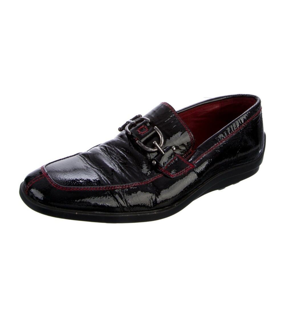 Donald Pliner Horsebit Black Loafers Men’s Patent Leather Red Topstitch Sz 8D